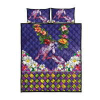 Hawaiian Lei Turtle and Plumeria Quilt Bed Set Polynerian Art Tattoo-Navy Color