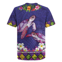 Hawaiian Lei Turtle and Plumeria Rugby Jersey Polynerian Art Tattoo-Navy Color
