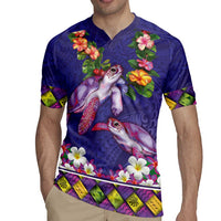Hawaiian Lei Turtle and Plumeria Rugby Jersey Polynerian Art Tattoo-Navy Color