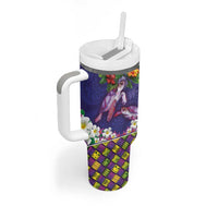 Hawaiian Lei Turtle and Plumeria Tumbler With Handle Polynerian Art Tattoo-Navy Color