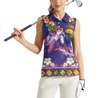 Hawaiian Lei Turtle and Plumeria Women Sleeveless Polo Shirt Polynerian Art Tattoo-Navy Color