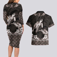 Hawaiian Lei Turtle and Plumeria Couples Matching Long Sleeve Bodycon Dress and Hawaiian Shirt Polynerian Art Tattoo-Grayscale Mode
