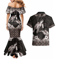 Hawaiian Lei Turtle and Plumeria Couples Matching Mermaid Dress and Hawaiian Shirt Polynerian Art Tattoo-Grayscale Mode