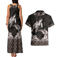 Hawaiian Lei Turtle and Plumeria Couples Matching Tank Maxi Dress and Hawaiian Shirt Polynerian Art Tattoo-Grayscale Mode