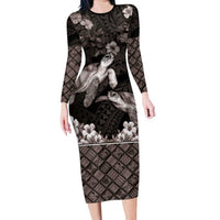 Hawaiian Lei Turtle and Plumeria Family Matching Long Sleeve Bodycon Dress and Hawaiian Shirt Polynerian Art Tattoo-Grayscale Mode