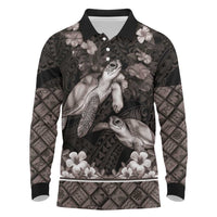 Hawaiian Lei Turtle and Plumeria Long Sleeve Polo Shirt Polynerian Art Tattoo-Grayscale Mode