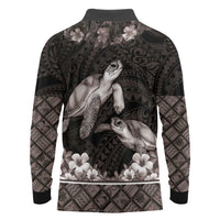 Hawaiian Lei Turtle and Plumeria Long Sleeve Polo Shirt Polynerian Art Tattoo-Grayscale Mode