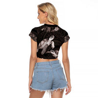 Hawaiian Lei Turtle and Plumeria Raglan Cropped T Shirt Polynerian Art Tattoo-Grayscale Mode