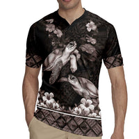 Hawaiian Lei Turtle and Plumeria Rugby Jersey Polynerian Art Tattoo-Grayscale Mode