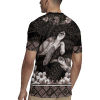 Hawaiian Lei Turtle and Plumeria Rugby Jersey Polynerian Art Tattoo-Grayscale Mode