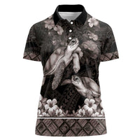 Hawaiian Lei Turtle and Plumeria Women Polo Shirt Polynerian Art Tattoo-Grayscale Mode
