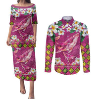 Hawaiian Plumeria and Humpback Whales Couples Matching Puletasi and Long Sleeve Button Shirt Polynerian Art Tattoo-Plum Pink Color