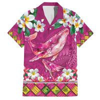 Hawaiian Plumeria and Humpback Whales Family Matching Long Sleeve Bodycon Dress and Hawaiian Shirt Polynerian Art Tattoo-Plum Pink Color