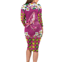 Hawaiian Plumeria and Humpback Whales Family Matching Long Sleeve Bodycon Dress and Hawaiian Shirt Polynerian Art Tattoo-Plum Pink Color