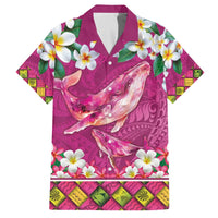 Hawaiian Plumeria and Humpback Whales Family Matching Off The Shoulder Long Sleeve Dress and Hawaiian Shirt Polynerian Art Tattoo-Plum Pink Color