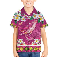 Hawaiian Plumeria and Humpback Whales Kid Hawaiian Shirt Polynerian Art Tattoo-Plum Pink Color