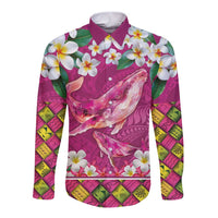 Hawaiian Plumeria and Humpback Whales Long Sleeve Button Shirt Polynerian Art Tattoo-Plum Pink Color