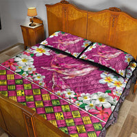 Hawaiian Plumeria and Humpback Whales Quilt Bed Set Polynerian Art Tattoo-Plum Pink Color