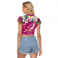 Hawaiian Plumeria and Humpback Whales Raglan Cropped T Shirt Polynerian Art Tattoo-Plum Pink Color