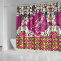 Hawaiian Plumeria and Humpback Whales Shower Curtain Polynerian Art Tattoo-Plum Pink Color
