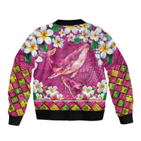 Hawaiian Plumeria and Humpback Whales Sleeve Zip Bomber Jacket Polynerian Art Tattoo-Plum Pink Color