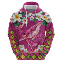 Hawaiian Plumeria and Humpback Whales Zip Hoodie Polynerian Art Tattoo-Plum Pink Color