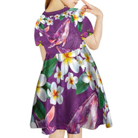 Hawaiian Plumeria and Humpback Whales Kid Short Sleeve Dress Polynerian Art Tattoo-Mauve Color