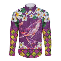 Hawaiian Plumeria and Humpback Whales Long Sleeve Button Shirt Polynerian Art Tattoo-Mauve Color