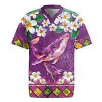 Hawaiian Plumeria and Humpback Whales Rugby Jersey Polynerian Art Tattoo-Mauve Color