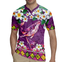 Hawaiian Plumeria and Humpback Whales Rugby Jersey Polynerian Art Tattoo-Mauve Color