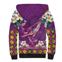 Hawaiian Plumeria and Humpback Whales Sherpa Hoodie Polynerian Art Tattoo-Mauve Color