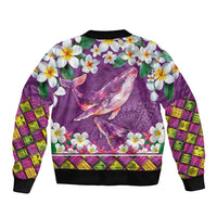 Hawaiian Plumeria and Humpback Whales Sleeve Zip Bomber Jacket Polynerian Art Tattoo-Mauve Color