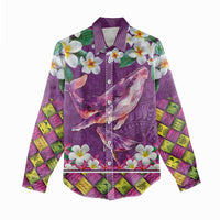 Hawaiian Plumeria and Humpback Whales Women Casual Shirt Polynerian Art Tattoo-Mauve Color