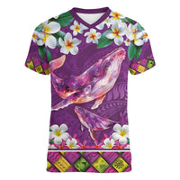 Hawaiian Plumeria and Humpback Whales Women V-Neck T-Shirt Polynerian Art Tattoo-Mauve Color