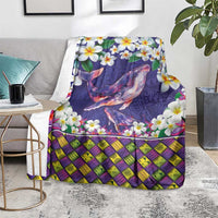 Hawaiian Plumeria and Humpback Whales Blanket Polynerian Art Tattoo-Navy Color