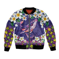 Hawaiian Plumeria and Humpback Whales Bomber Jacket Polynerian Art Tattoo-Navy Color