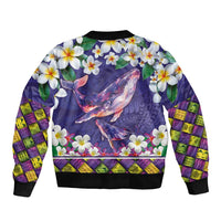 Hawaiian Plumeria and Humpback Whales Bomber Jacket Polynerian Art Tattoo-Navy Color
