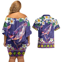 Hawaiian Plumeria and Humpback Whales Couples Matching Off Shoulder Short Dress and Hawaiian Shirt Polynerian Art Tattoo-Navy Color