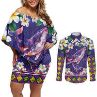 Hawaiian Plumeria and Humpback Whales Couples Matching Off Shoulder Short Dress and Long Sleeve Button Shirt Polynerian Art Tattoo-Navy Color