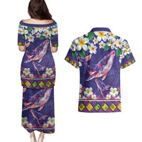 Hawaiian Plumeria and Humpback Whales Couples Matching Puletasi and Hawaiian Shirt Polynerian Art Tattoo-Navy Color