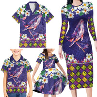 Hawaiian Plumeria and Humpback Whales Family Matching Long Sleeve Bodycon Dress and Hawaiian Shirt Polynerian Art Tattoo-Navy Color