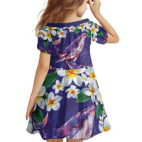 Hawaiian Plumeria and Humpback Whales Family Matching Off Shoulder Short Dress and Hawaiian Shirt Polynerian Art Tattoo-Navy Color