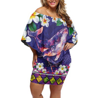 Hawaiian Plumeria and Humpback Whales Family Matching Off Shoulder Short Dress and Hawaiian Shirt Polynerian Art Tattoo-Navy Color