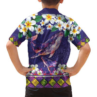 Hawaiian Plumeria and Humpback Whales Family Matching Puletasi and Hawaiian Shirt Polynerian Art Tattoo-Navy Color