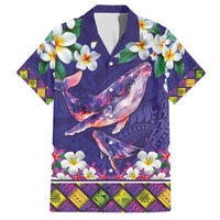 Hawaiian Plumeria and Humpback Whales Family Matching Puletasi and Hawaiian Shirt Polynerian Art Tattoo-Navy Color
