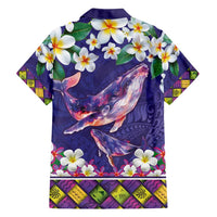 Hawaiian Plumeria and Humpback Whales Family Matching Puletasi and Hawaiian Shirt Polynerian Art Tattoo-Navy Color