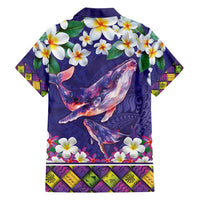 Hawaiian Plumeria and Humpback Whales Family Matching Short Sleeve Bodycon Dress and Hawaiian Shirt Polynerian Art Tattoo-Navy Color