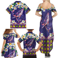 Hawaiian Plumeria and Humpback Whales Family Matching Summer Maxi Dress and Hawaiian Shirt Polynerian Art Tattoo-Navy Color
