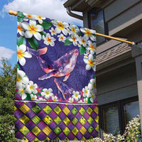 Hawaiian Plumeria and Humpback Whales Garden Flag Polynerian Art Tattoo-Navy Color