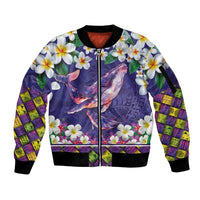 Hawaiian Plumeria and Humpback Whales Sleeve Zip Bomber Jacket Polynerian Art Tattoo-Navy Color